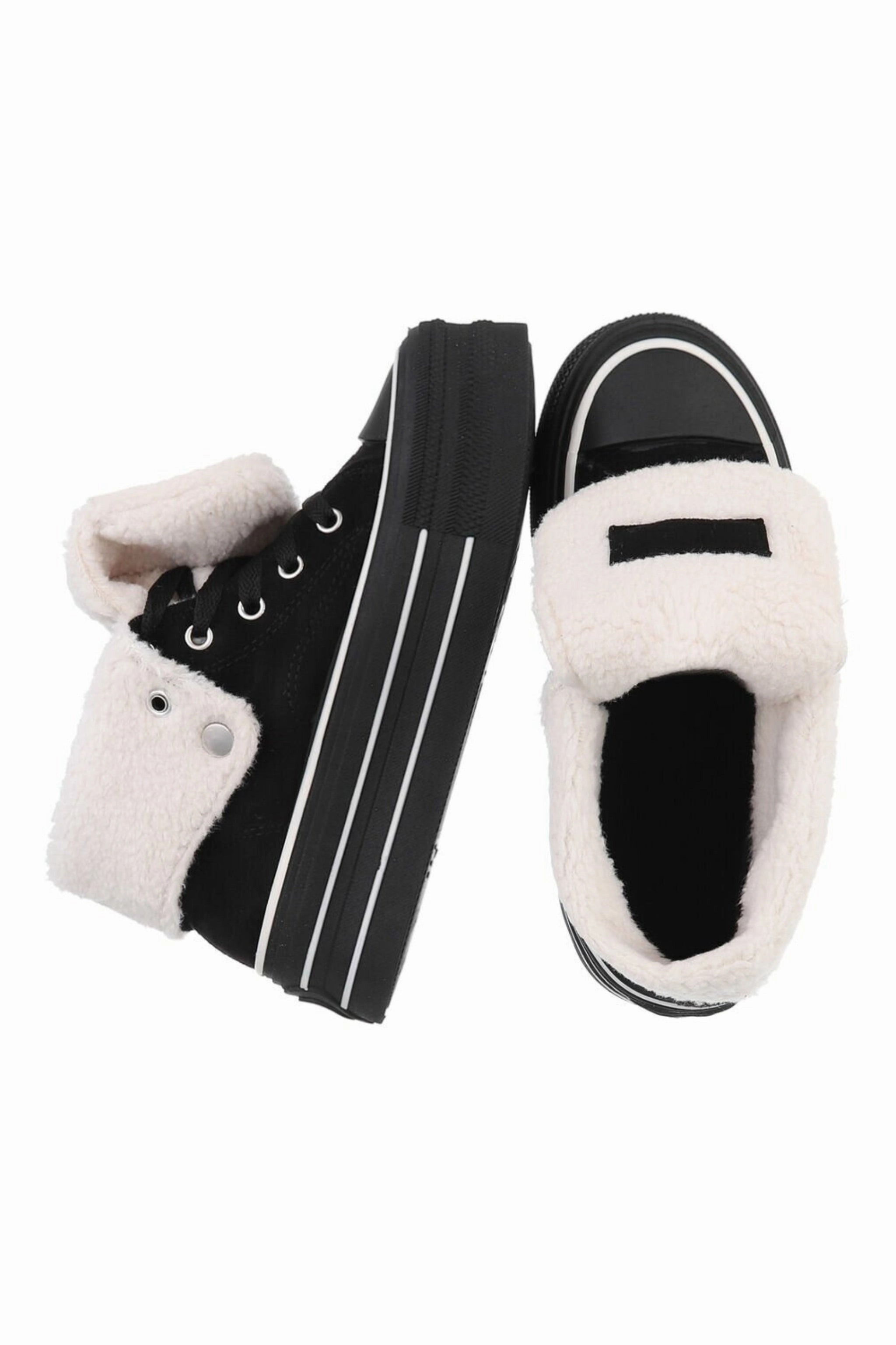 High Plateau Sneaker mit Teddyfell, schwarz Burgunder Sneaker