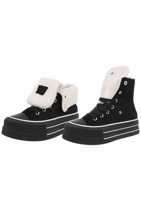 Echtleder Sneaker High Plateau Sneaker mit Teddyfell, schwarz