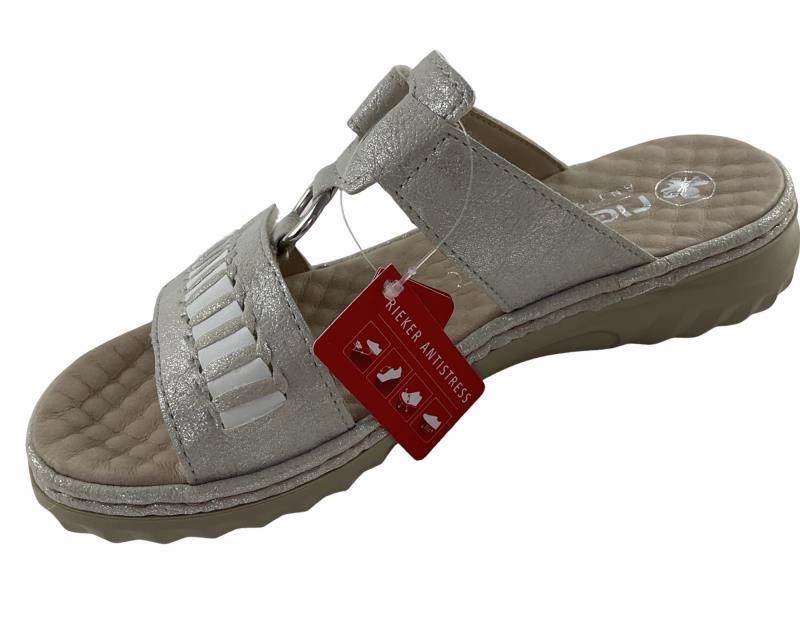 Rieker  Damen  Pantoletten 60481-40 Silber,Klettverschluss Sandalen Leder Fußbett