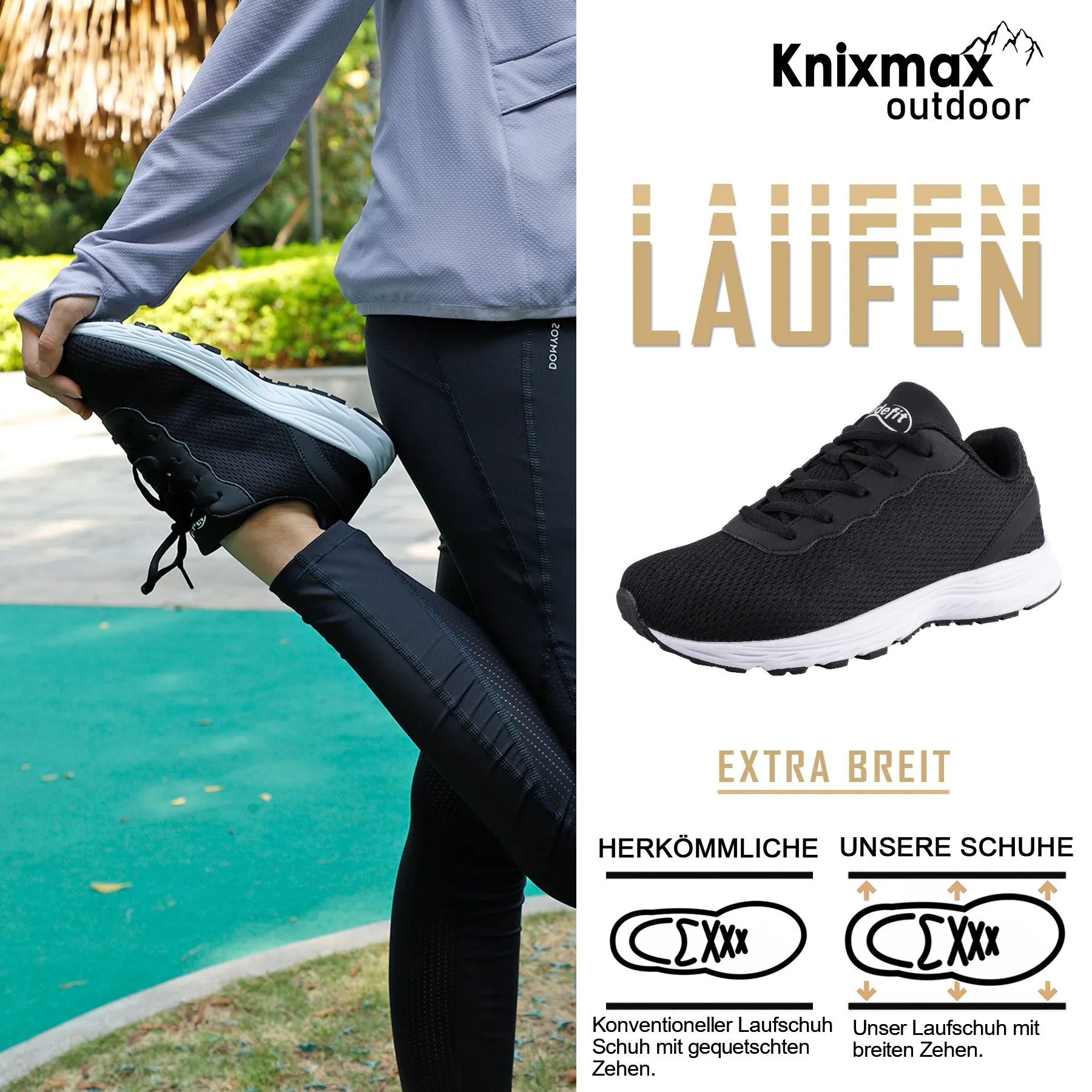Schuhfinder Laufschuhe Knixmax Extra Wide Lightweight Herren-Plattfu-Laufschuhe Schwarze Sportschuhe mit breiten Zehenbox-Schuhen