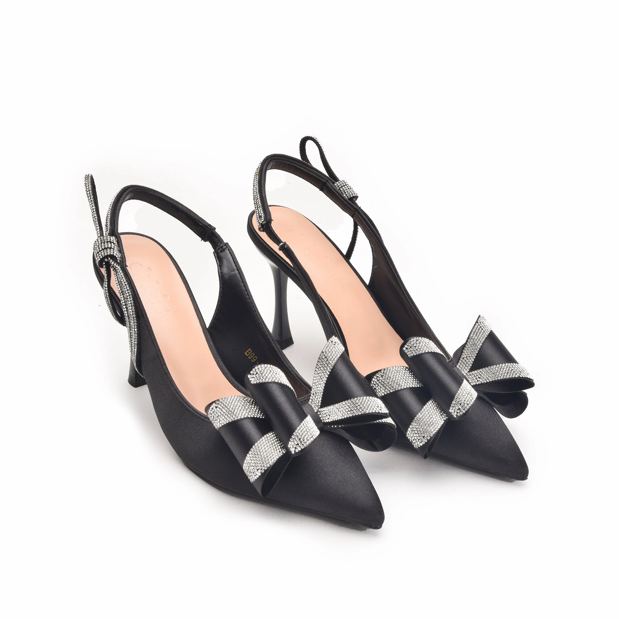 Platform Mules High Heels Black High Heels with Bow and Crystal Straps | 486N-C