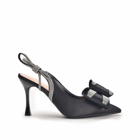 High Heels World Black High Heels with Bow and Crystal Straps | 486N-C