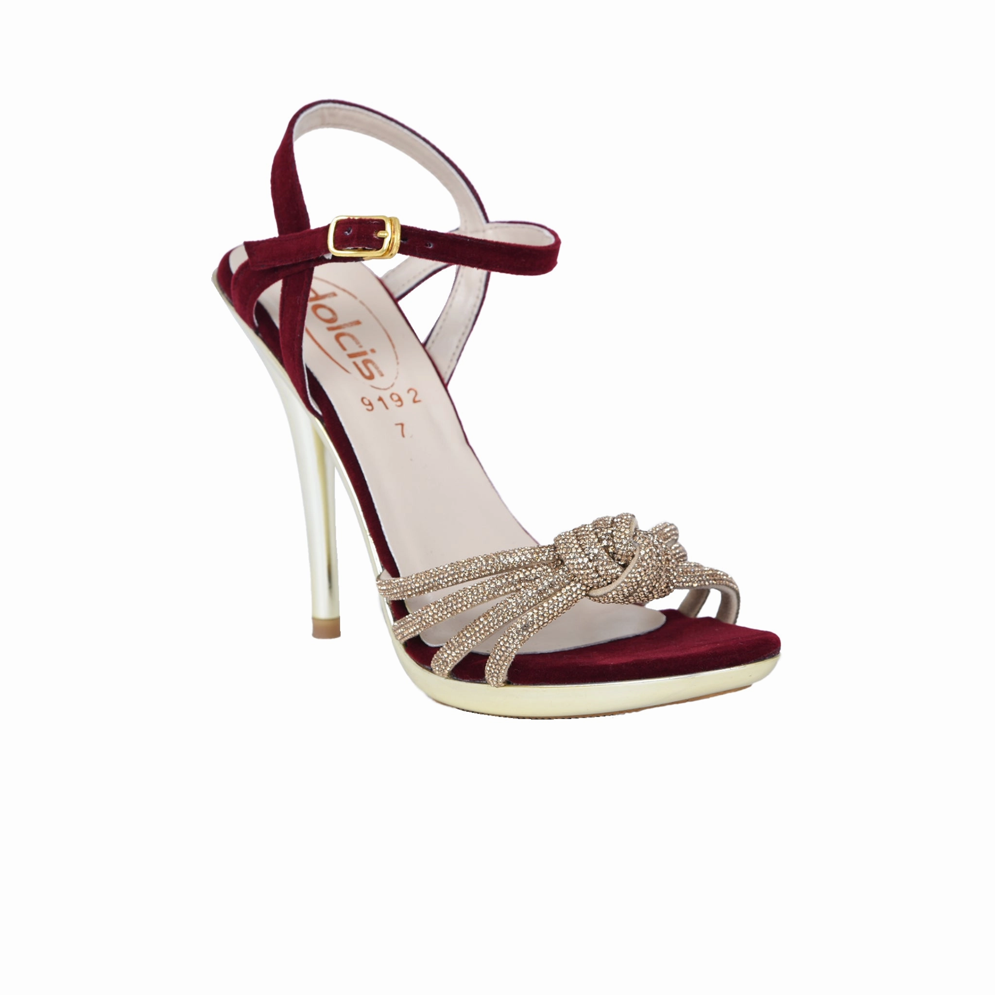 High Heels Samt Chic Maroon High Heel Sandals with Gold Strappy Design | 267D-M