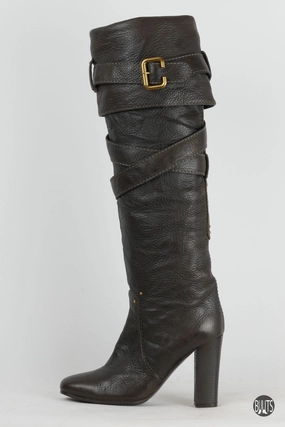 Stiefel Leder dunkelbraun Overknee Stiefel Wetlook