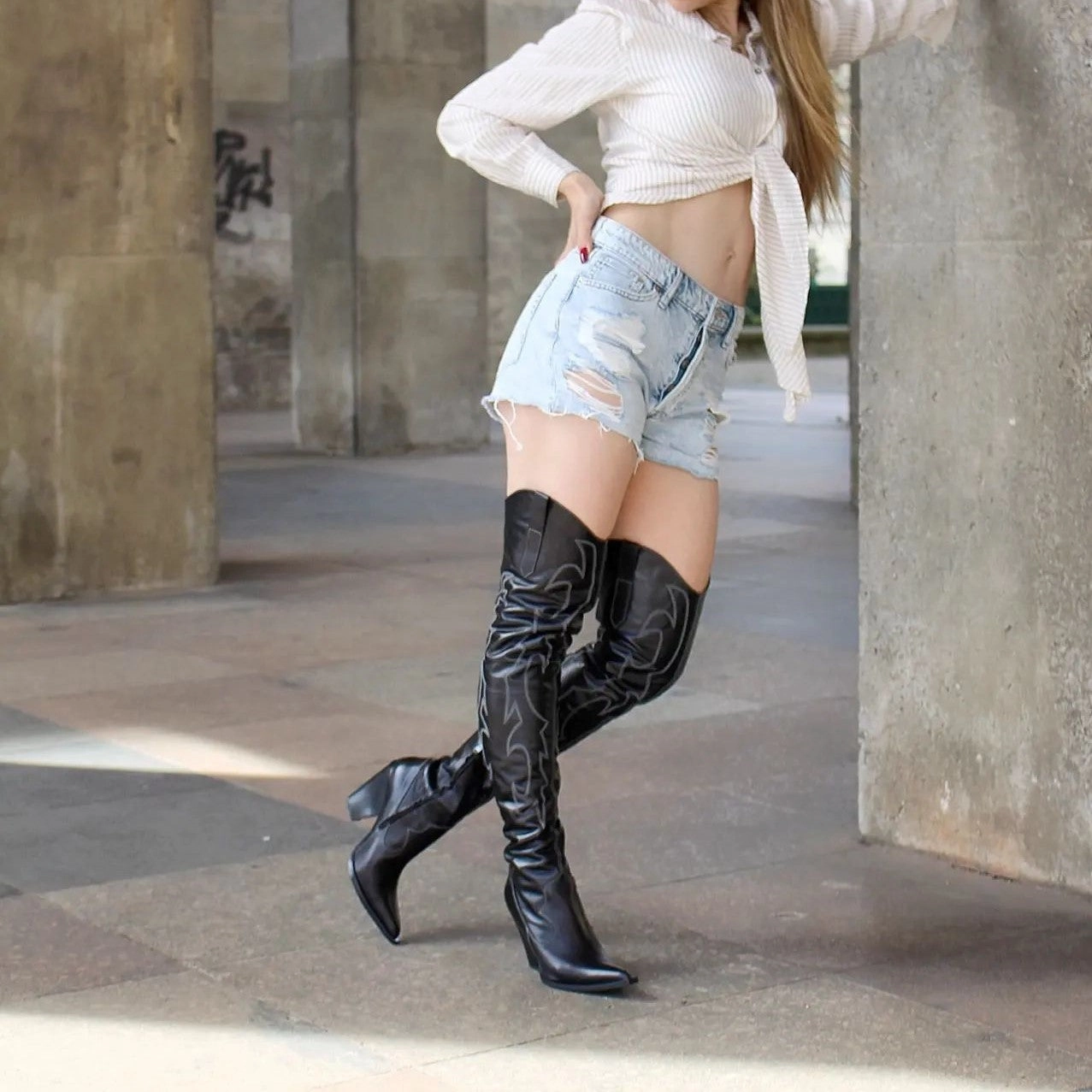 Stiefel Mit Vielen Schnallen Cowboystiefel schenkelhoch (Modell 612) Leder Marron