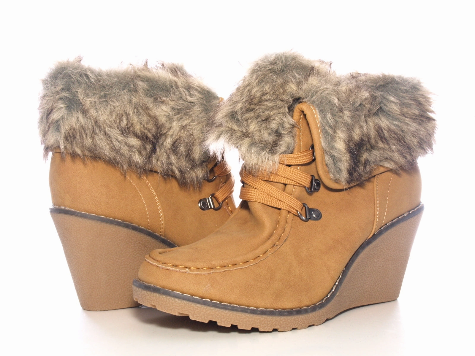 Damen Keilabsatz Stiefelette warm gefttert Camel # 042 Arbeits Sicherheitsschuhe Mit Stahlkappe