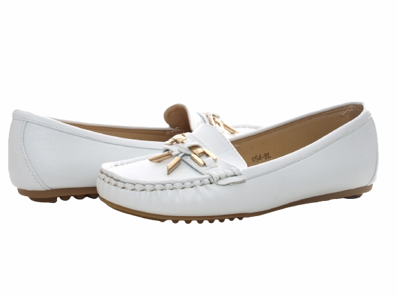 Damen Slipper Halbschuhe Ballerina Loafer Mokassins Slip On Flats Freizeit White # 954 Ladies Flat Loafers