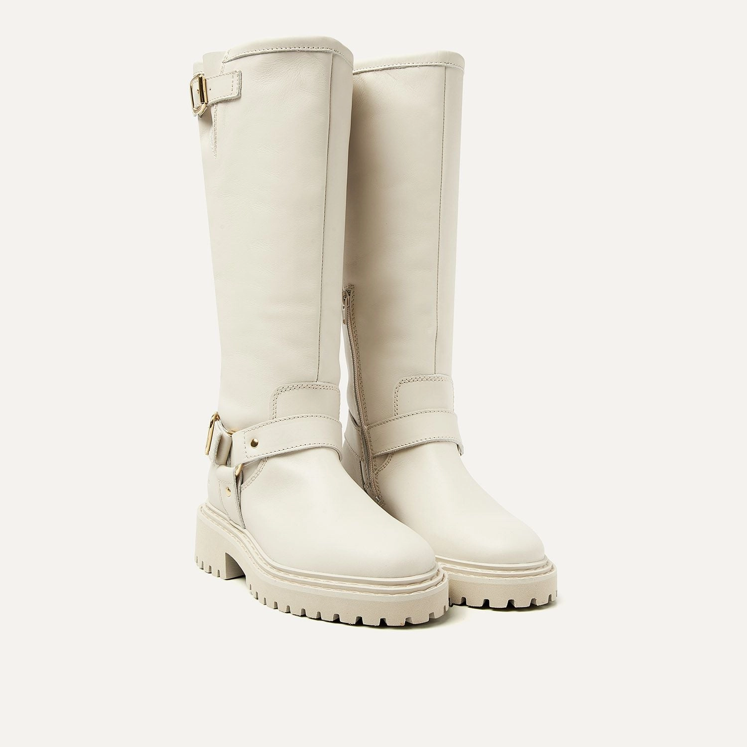 Flache Elegante Stiefel FRANKIE LEVA BIKER BOOT CREME WHITE LEATHER