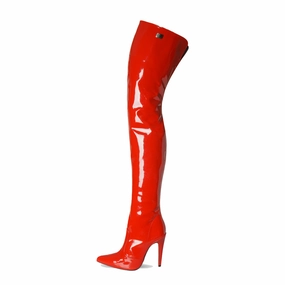 High Heel Overkneestiefel (Modell 110) Vinyl rot Flache Stiefel Mit Profilsohle