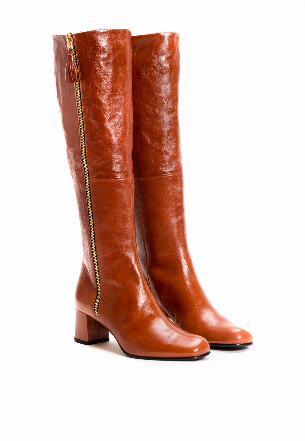 Stiefel mit Absatz in Cognac zum Umschlagen Stiefel Mit Stoff Drüber