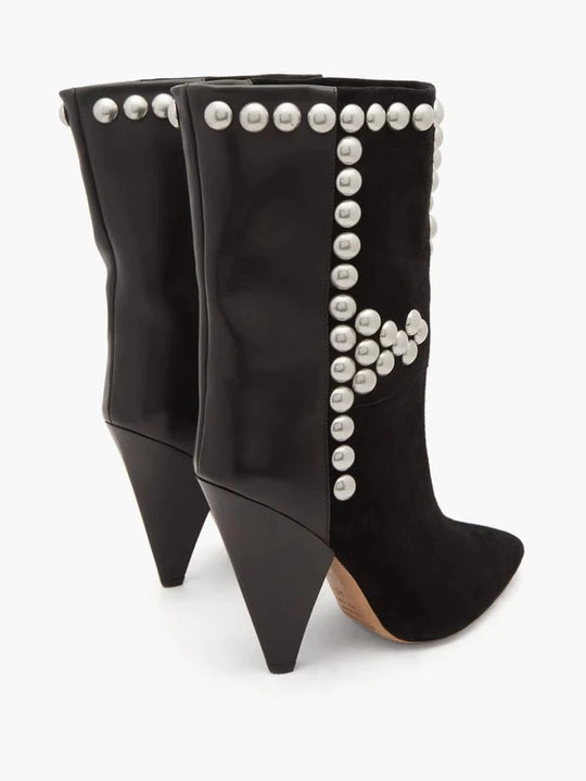 Stiefel Bis Knie Kalbsstiefel aus Wildleder mit Kegelabsatz und Layo-Nieten