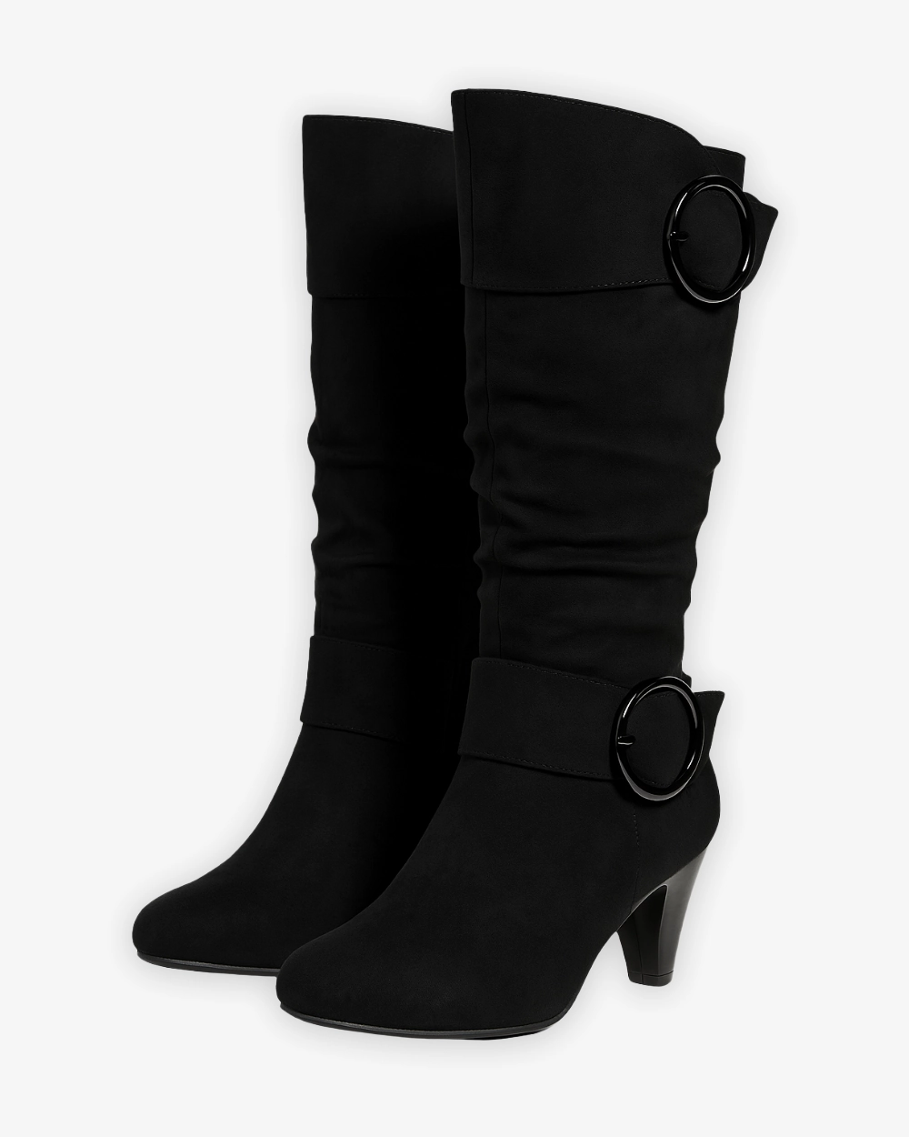 Schwarzen Stiefel Kniehohe Stiefel mit Blockabsatz und Zierschnallen