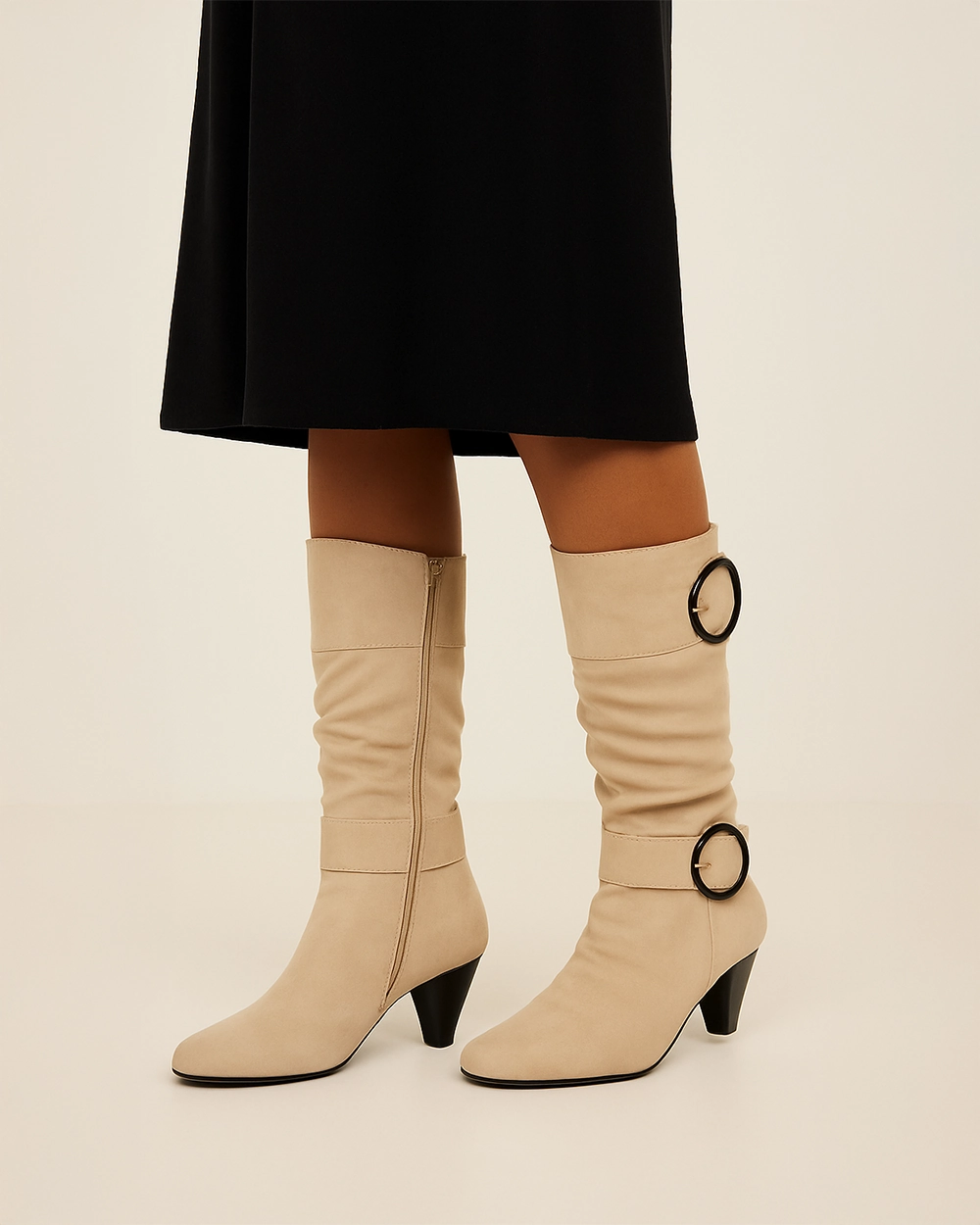 Kniehohe Stiefel mit Blockabsatz und Zierschnallen Stiefel Aktion 2024