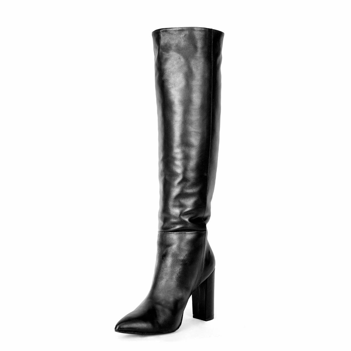 Kniehoher Stiefel mit weitem Schaft und Blockabsatz (Modell 340) Reptilprint schwarz Lange Stiefel Ohne Absatz
