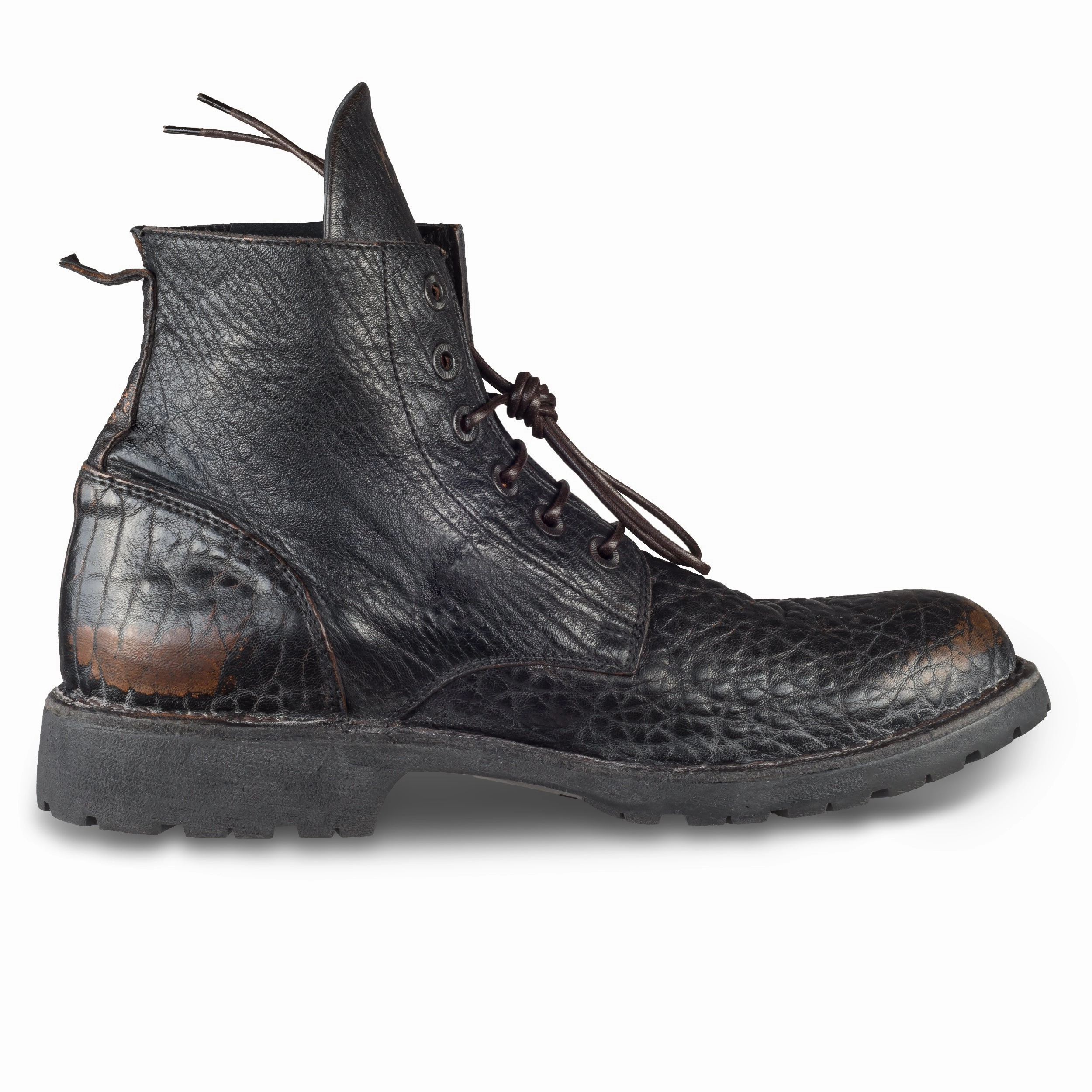 MOMA Schnrstiefelette Herren, braun/schwarz - Genarbtes Kalbsleder used-Look, handgefertigt Damen Chunky Heels Plateau Ankle Boots