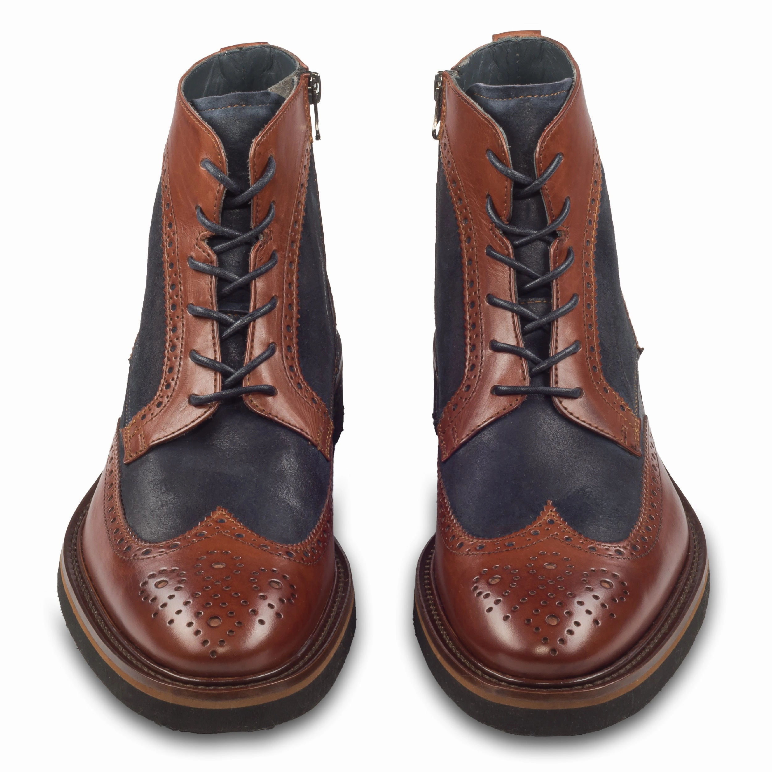 White Ankle Boots LORENZI Schnrstiefelette Herren mit Reiverschlu, blau/braun  Budapester, Kalbsleder & Veloursleder, handgefertigt