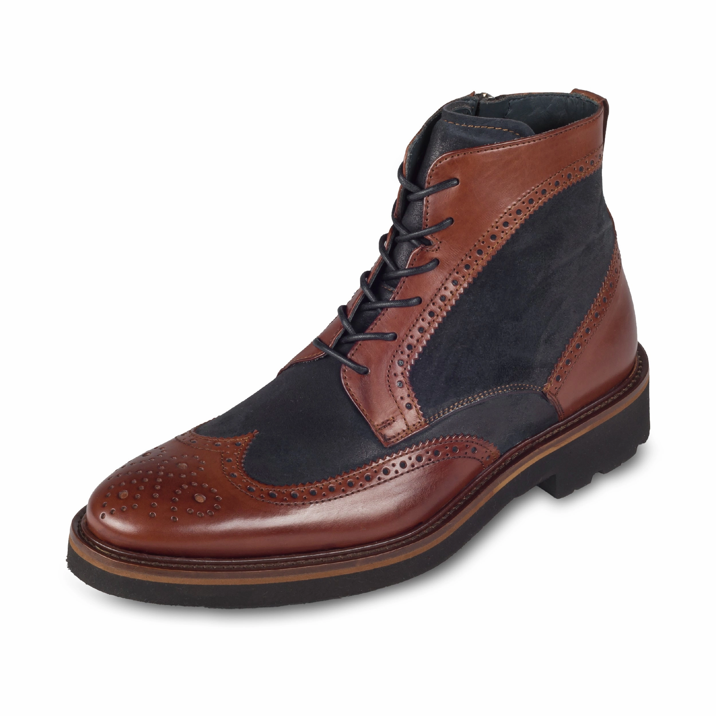 LORENZI Schnrstiefelette Herren mit Reiverschlu, blau/braun  Budapester, Kalbsleder & Veloursleder, handgefertigt Calf Hair Ankle Boots