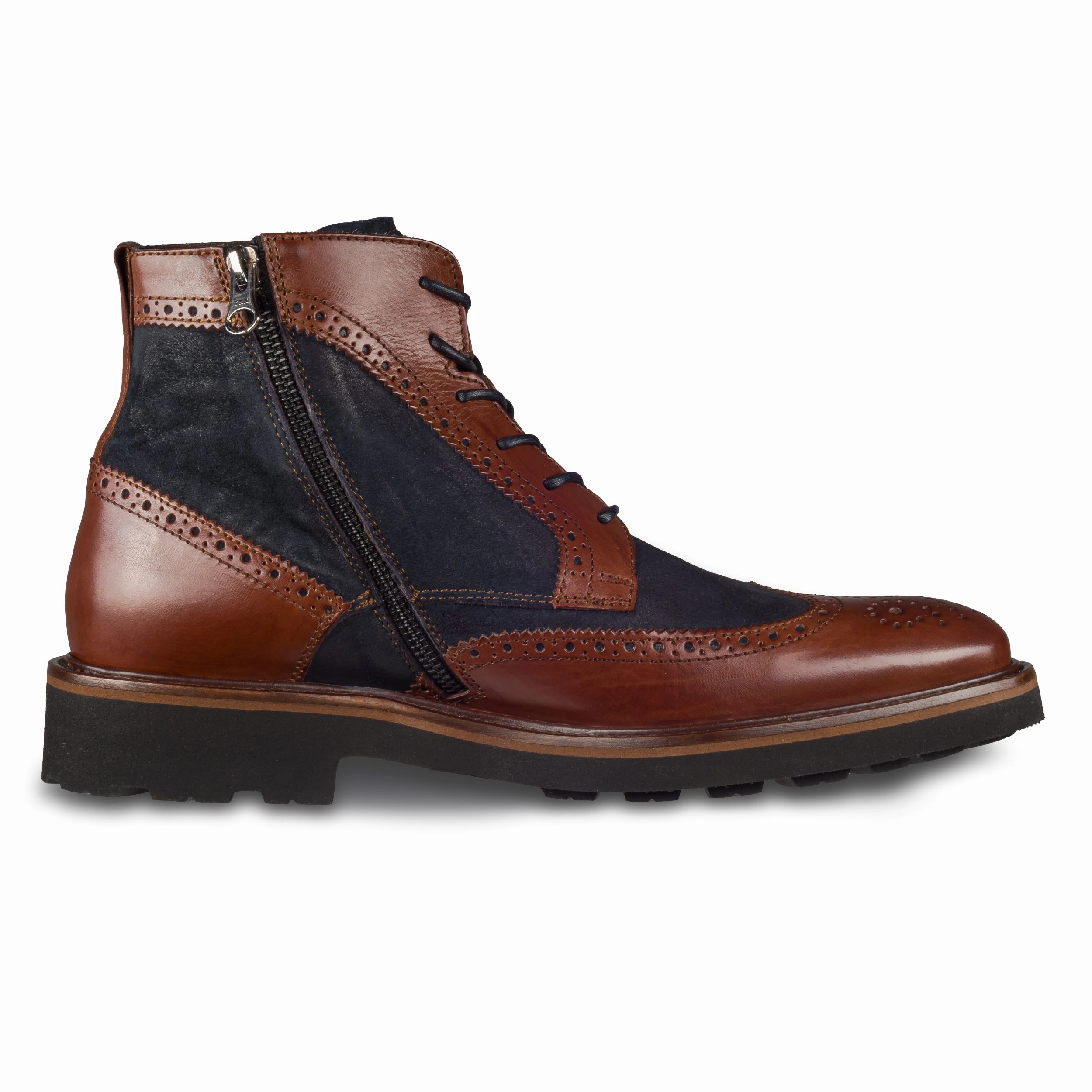 LORENZI Schnrstiefelette Herren mit Reiverschlu, blau/braun  Budapester, Kalbsleder & Veloursleder, handgefertigt Best Ankle Boots 2022
