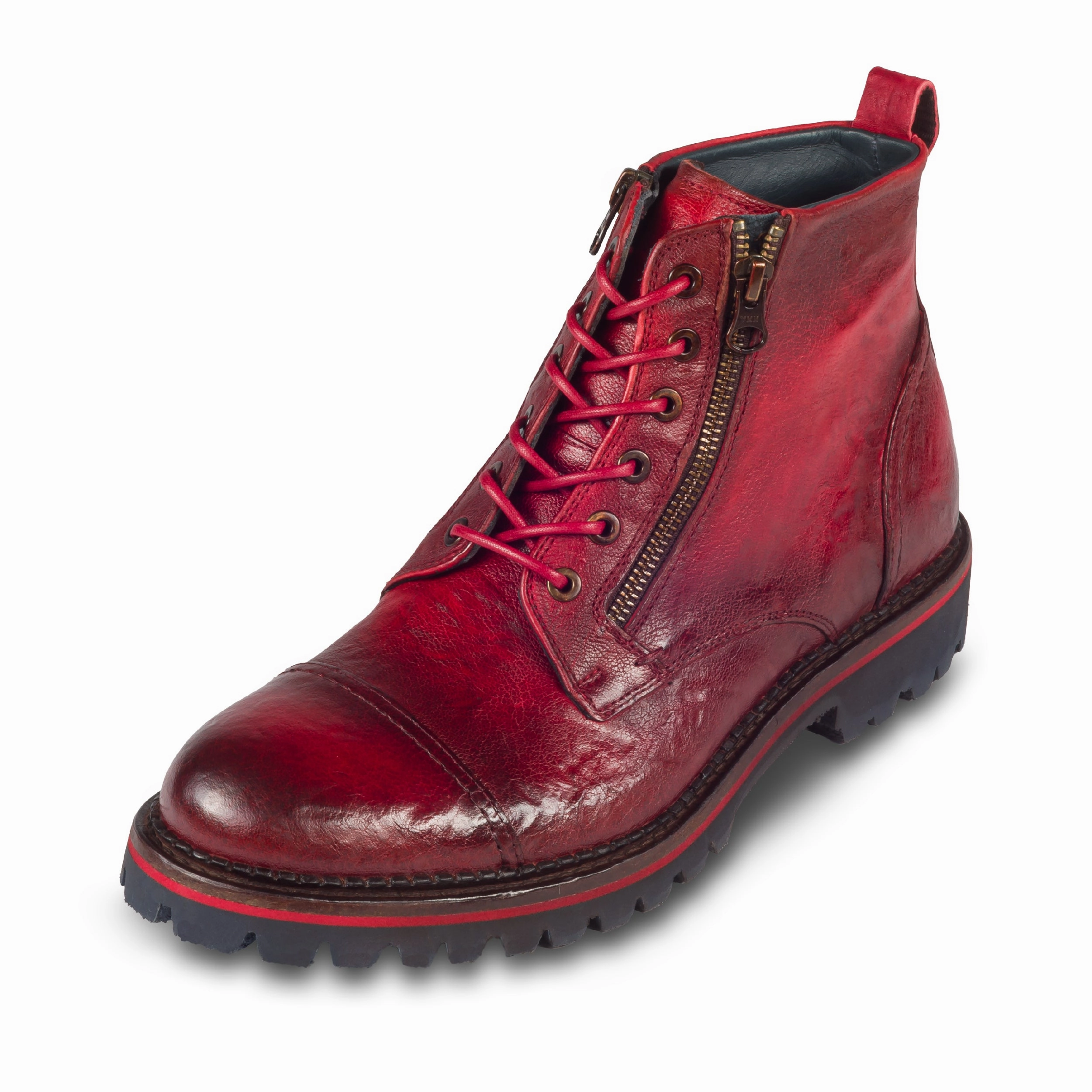 Cognac Ankle Boots LORENZI Schnrstiefelette Herren mit Reiverschlu rot - Kalbsleder stone-washed, handgefertigt