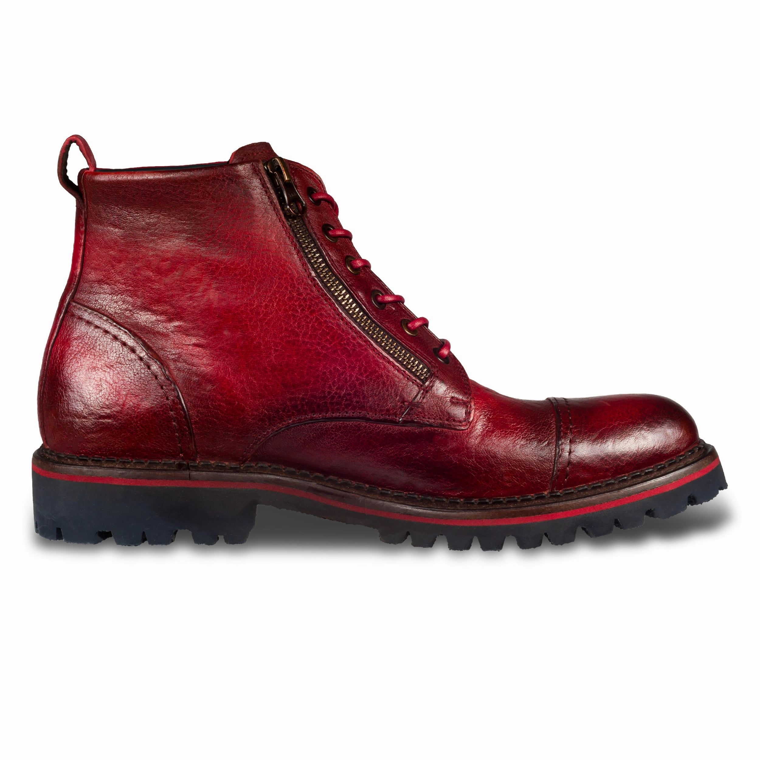 Wet Ankle Boots LORENZI Schnrstiefelette Herren mit Reiverschlu rot - Kalbsleder stone-washed, handgefertigt