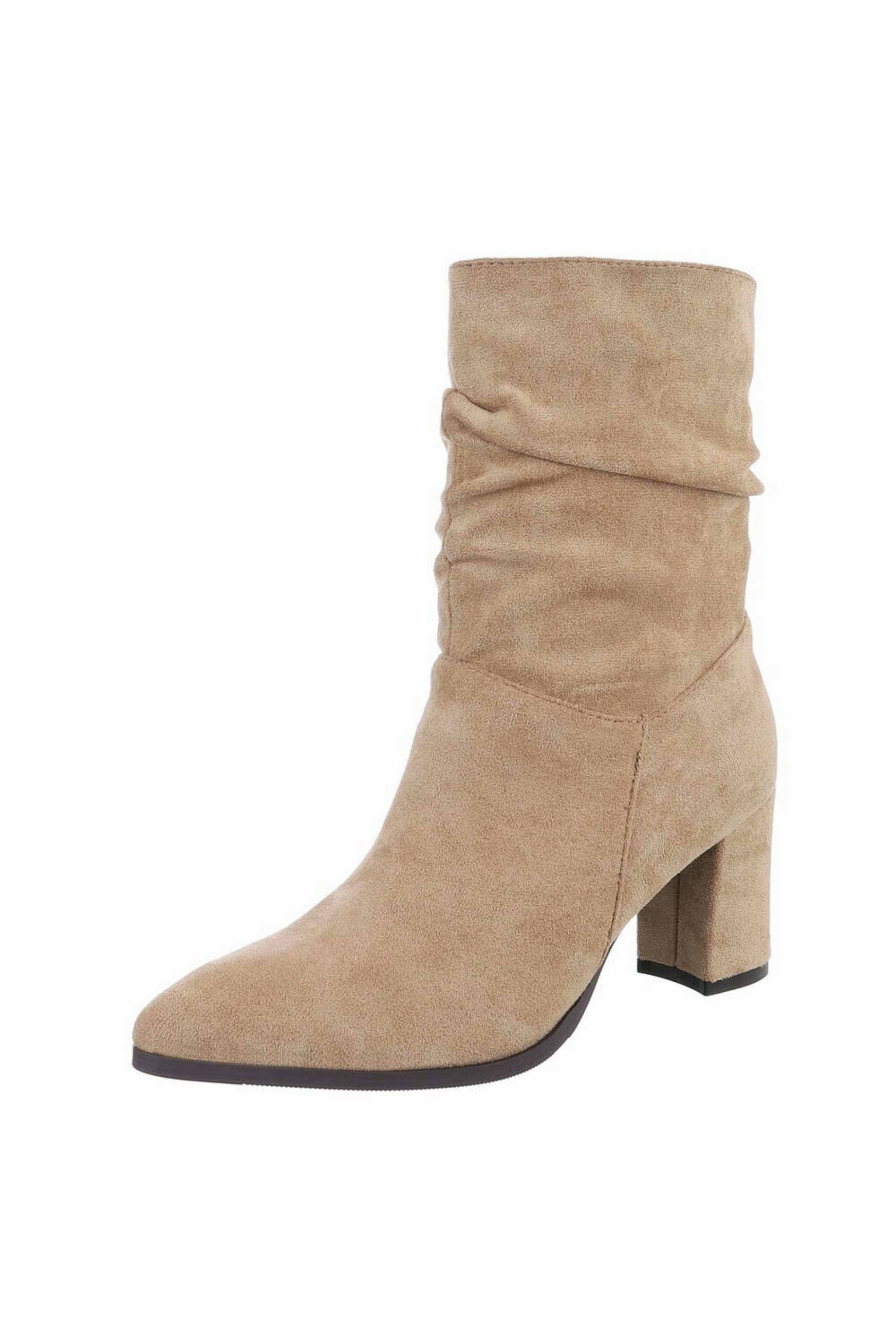 Stiefelette in Wildlederoptik mit Absatz, beige Heeled Leather Square Toe Ankle Boots