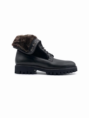 Tan Ankle Boots Kitten Heel Herrenschuh Granada - Kalbsleder Schwarz ( Lammfell Edition )