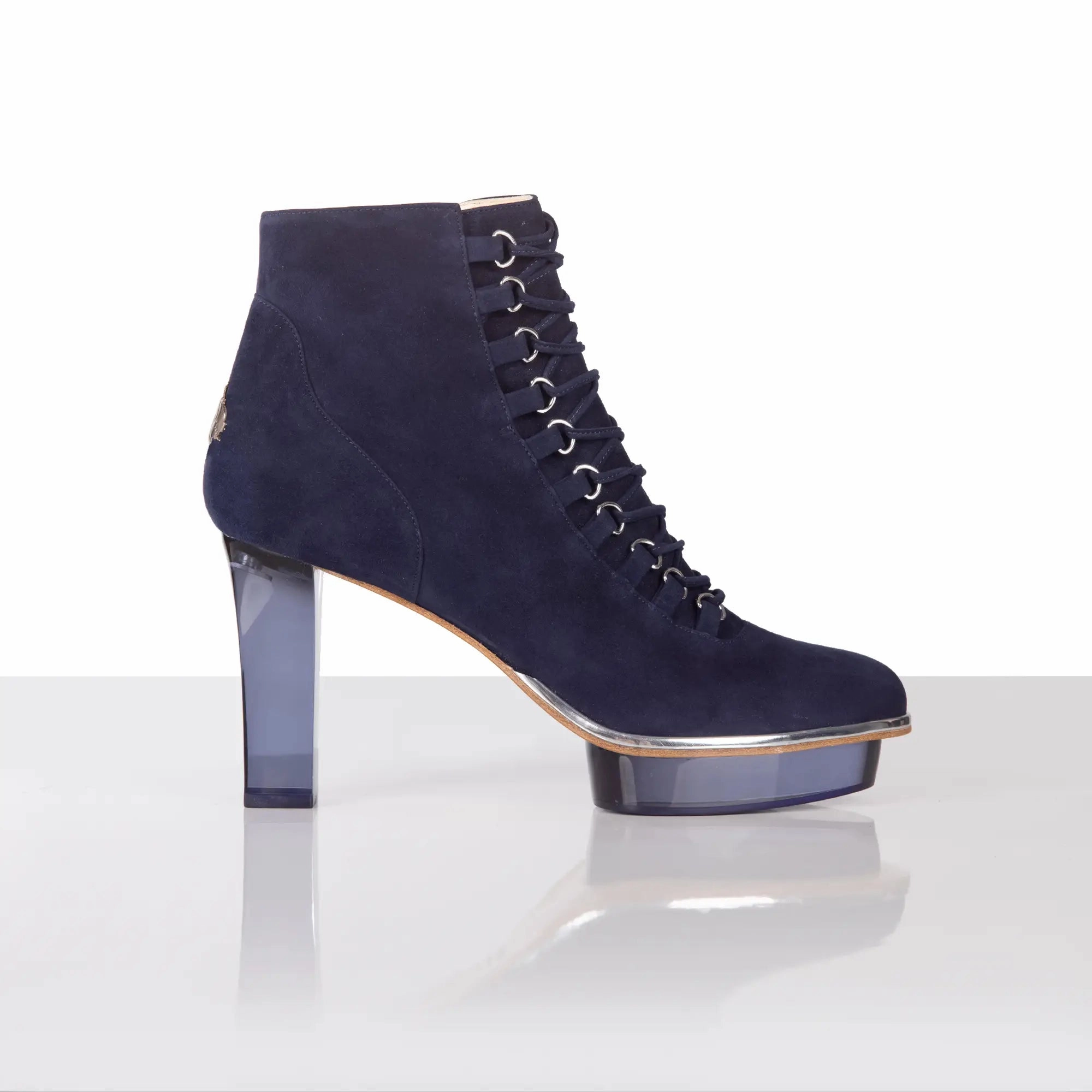 MARINAS dunkelblaue Closetoes Stiefeletten Ankle Boots In Leopard Print