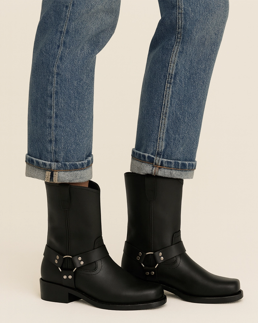 Slouch Ankle Boots Mittelhohe Biker Stiefeletten mit seitlicher Schnalle