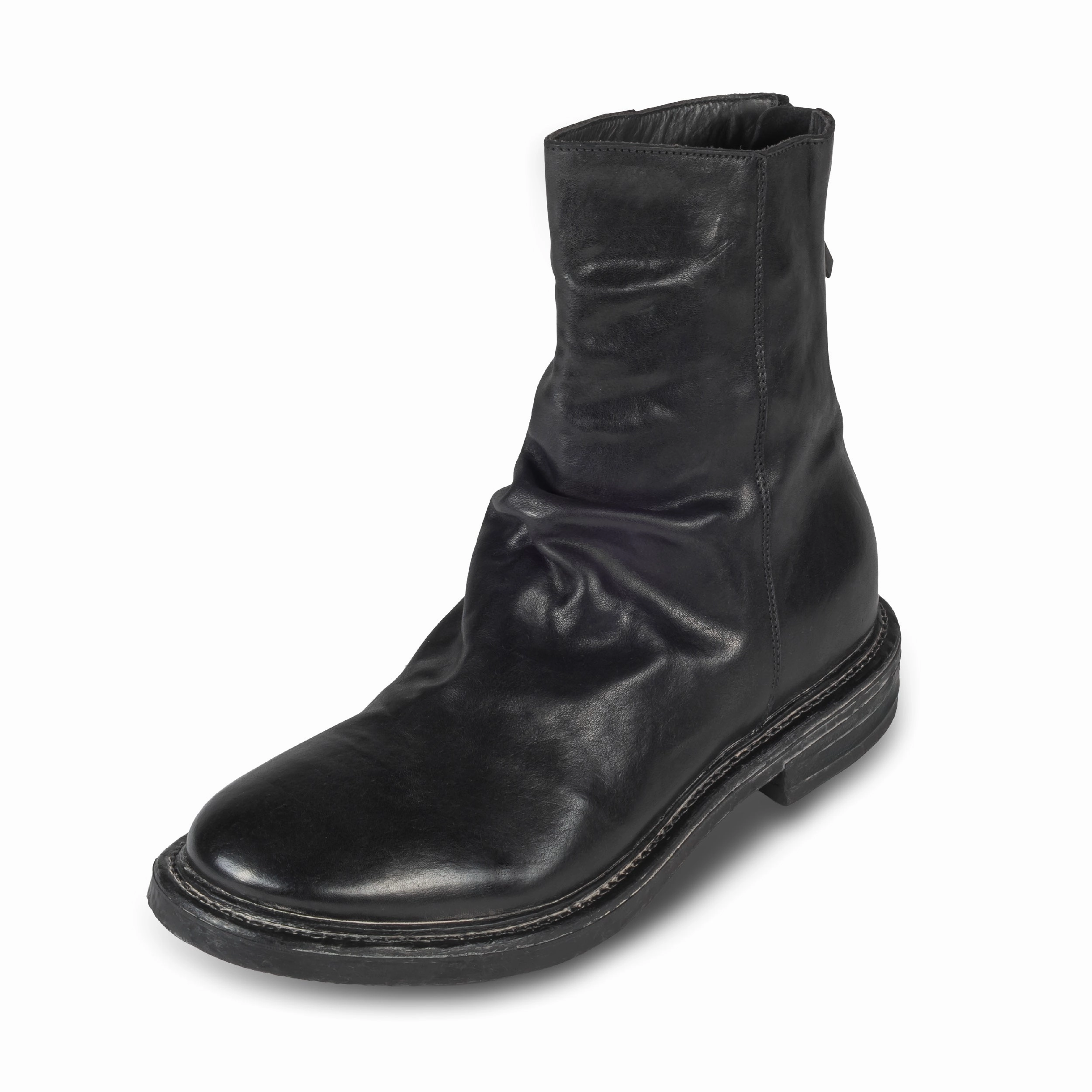 Ankle Boots Arch Support MOMA Stiefelette Herren mit Reiverschlu hinten, schwarz - Kalbsleder used-Look mit Raffung, handgefertigt
