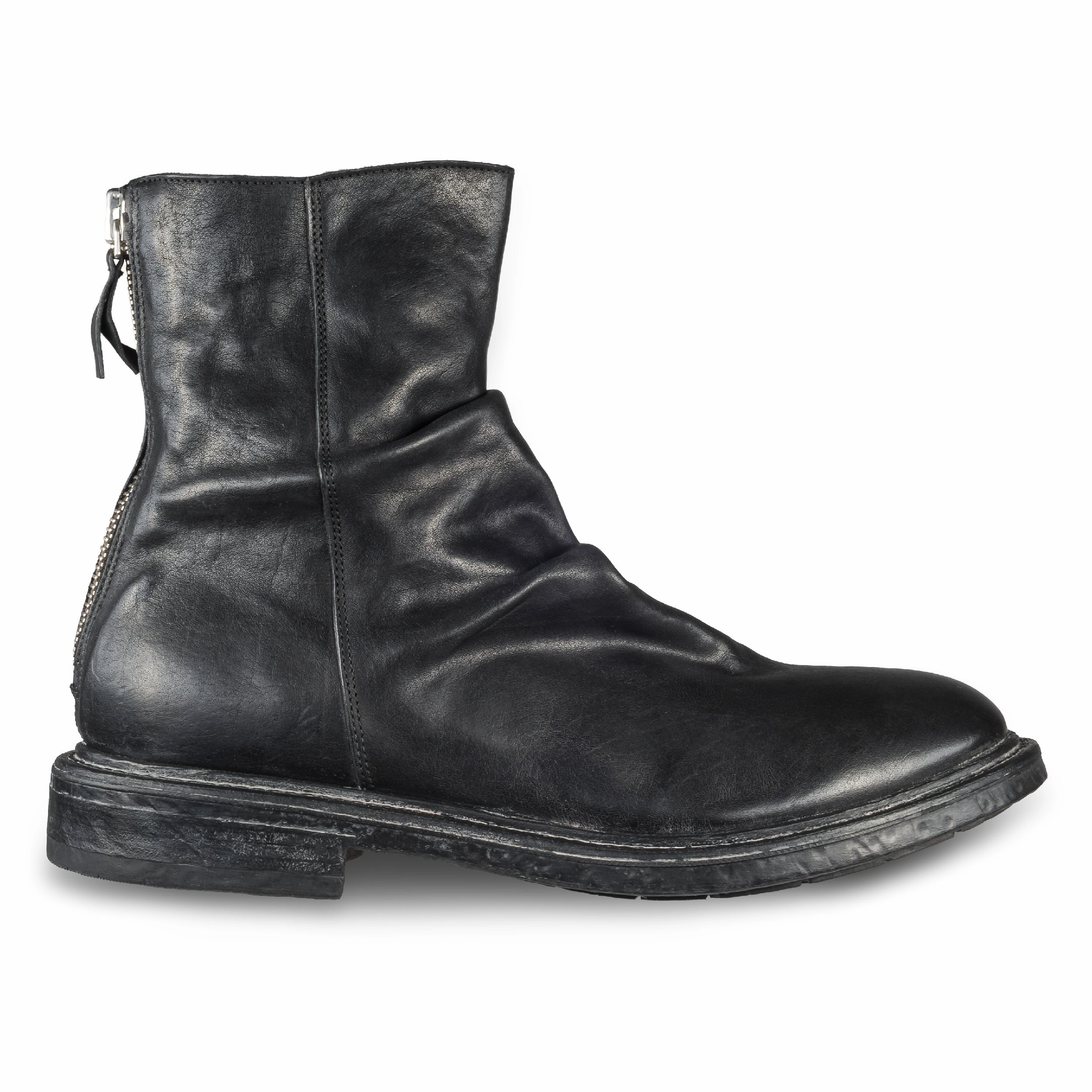 MOMA Stiefelette Herren mit Reiverschlu hinten, schwarz - Kalbsleder used-Look mit Raffung, handgefertigt Ankle Boots Leder High Heels