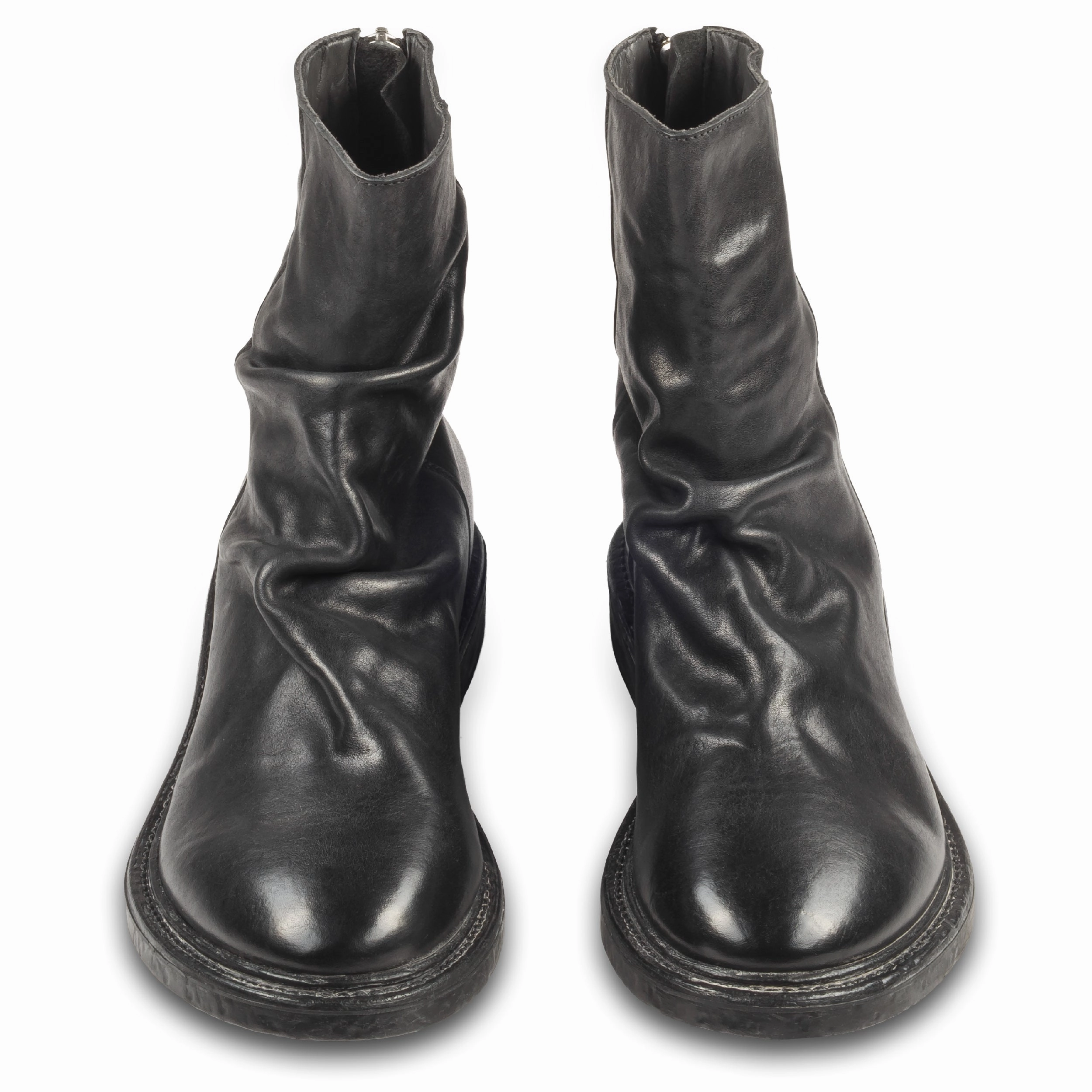 MOMA Stiefelette Herren mit Reiverschlu hinten, schwarz - Kalbsleder used-Look mit Raffung, handgefertigt Faux Fur Moccasin Ankle Boots