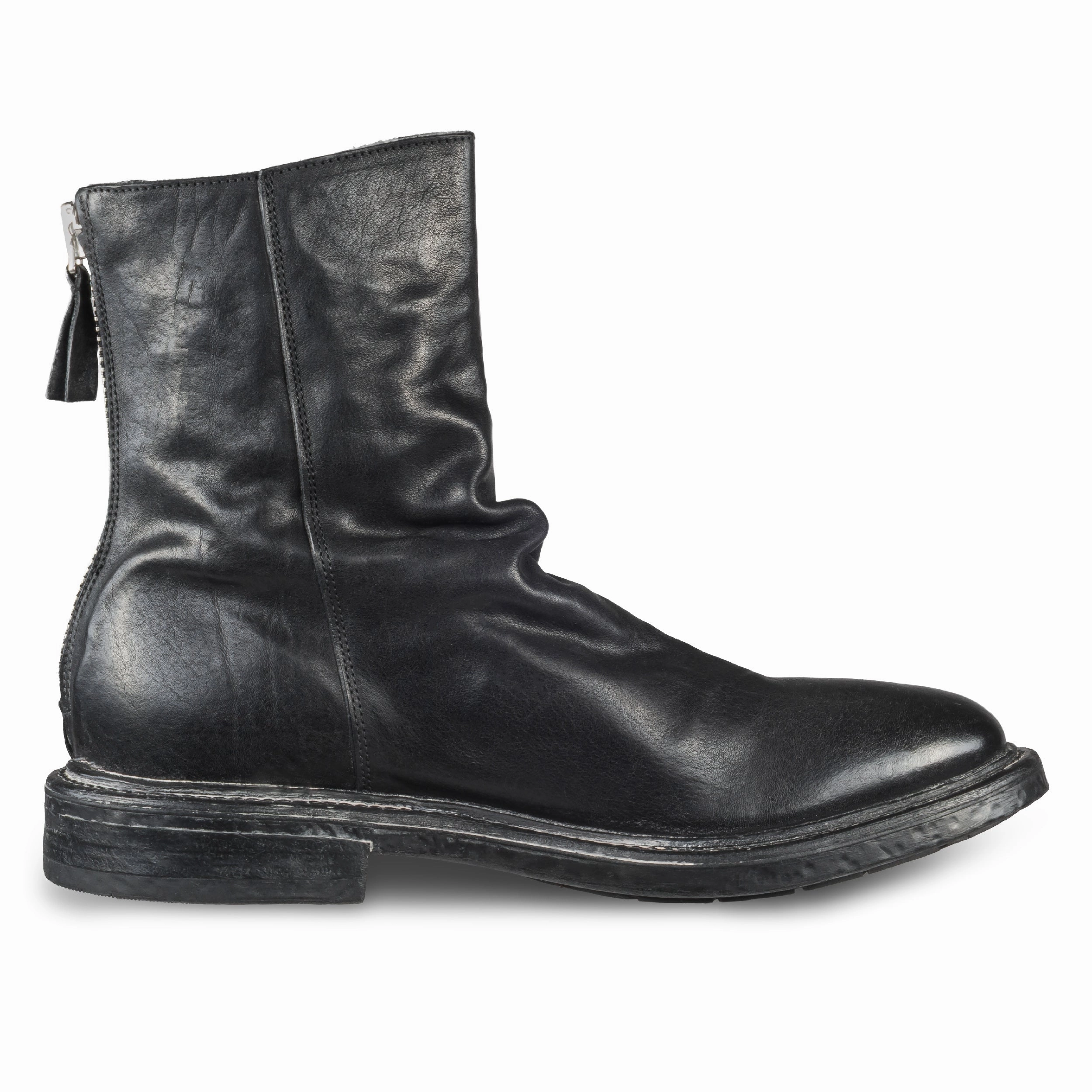 MOMA Stiefelette Herren mit Reiverschlu hinten, schwarz - Kalbsleder used-Look mit Raffung, handgefertigt Ankle Boots Fashion 2023