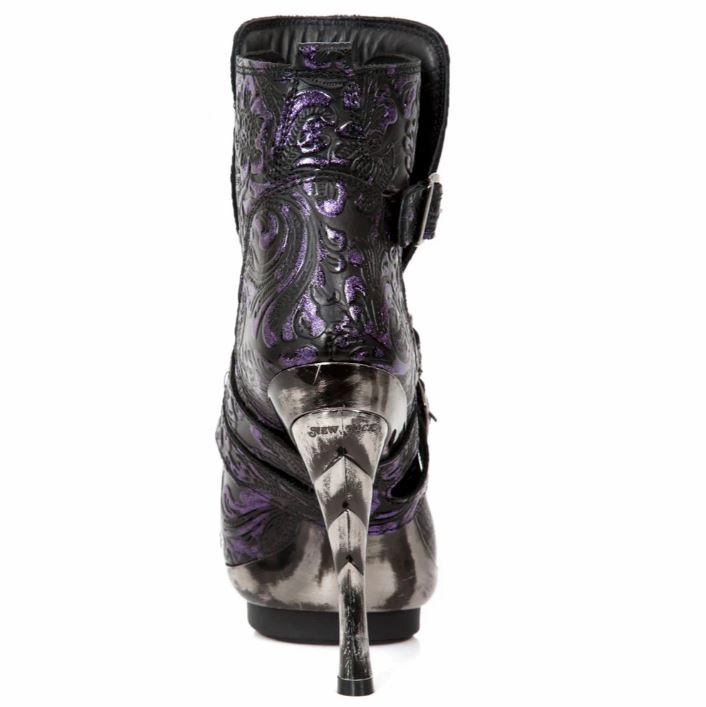 Ankle Stiefel New Rock Schuhe Damen- Stiefelette Boots Absatzschuhe Gothic M-Punk Schnallen Punk Lila Echtleder