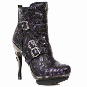 New Rock Schuhe Damen- Stiefelette Boots Absatzschuhe Gothic M-Punk Schnallen Punk Lila Echtleder Stiefel Over