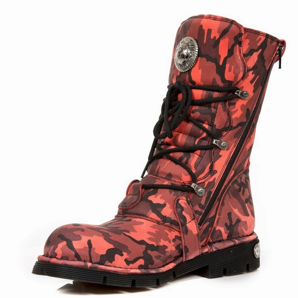 New Rock Schuhe Gothic Stiefel Boots Leder M.1473-S46 Rot Camouflage Stiefel Auf Spanisch