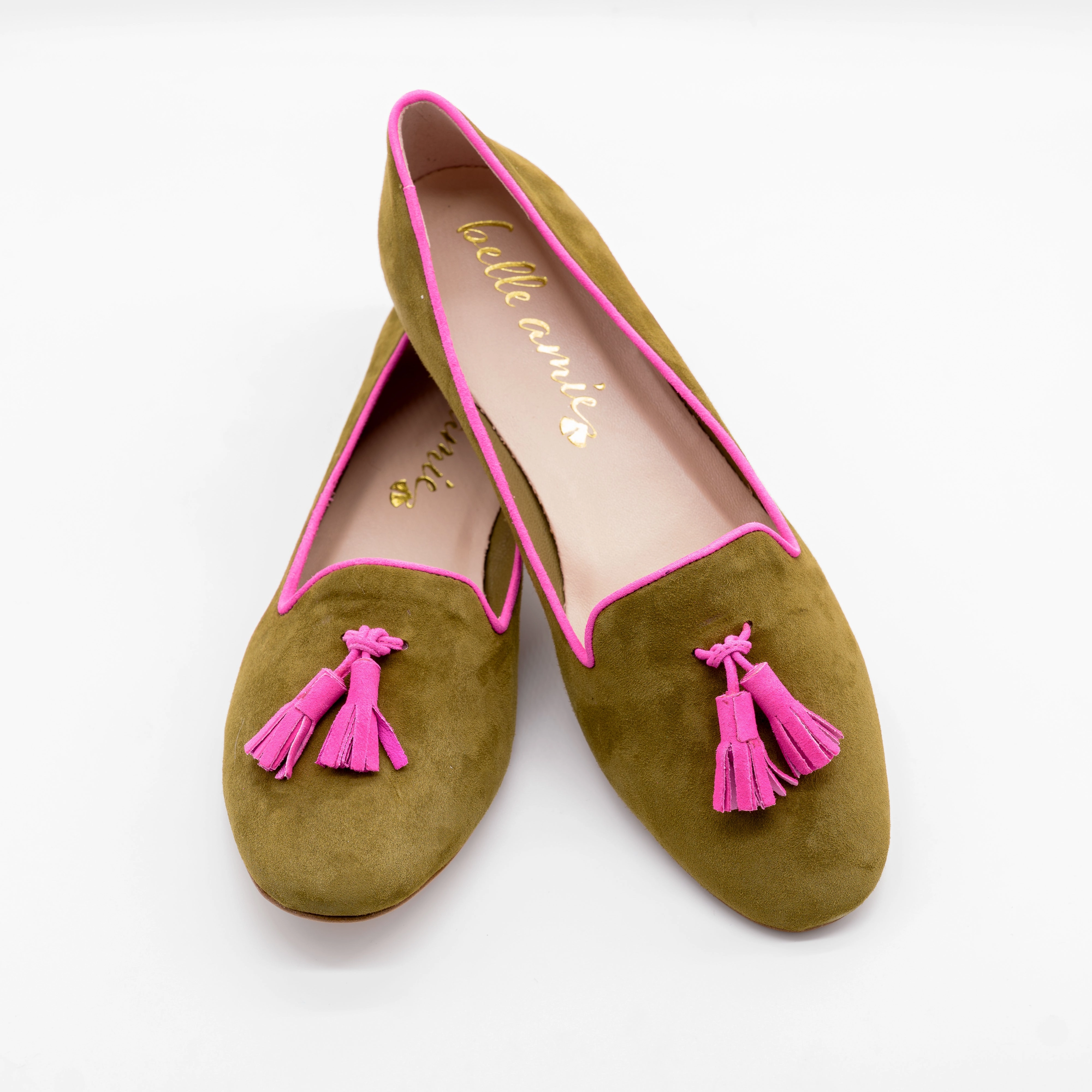 Olive-Pink Loafers No Socks With Suit