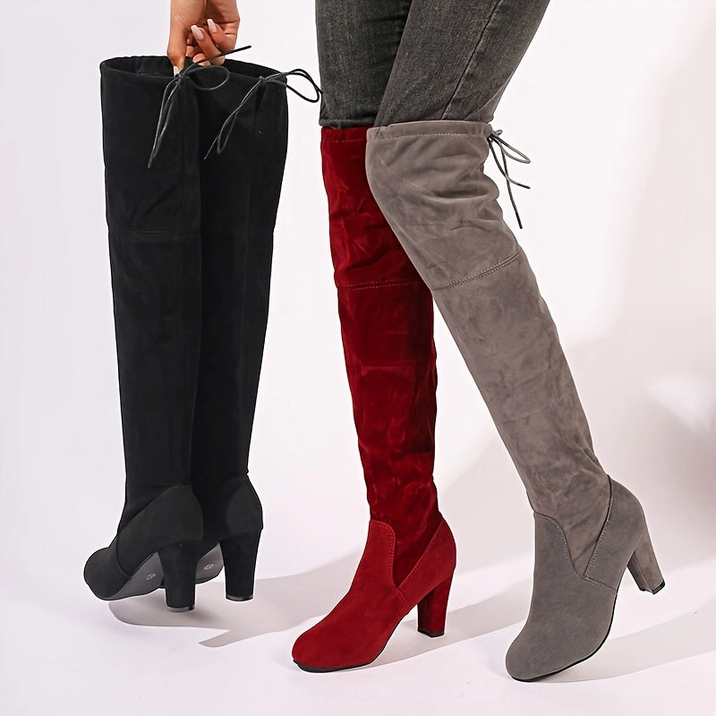 Overknee Stiefel Damen | Blockabsatz mit Rckenschnrung Wide Fit Stiefel