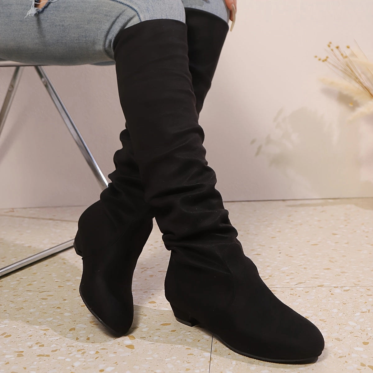 Overknee Stiefel Damen | Schlupfform mit Niedrigem Blockabsatz Alt Stiefel In Leder