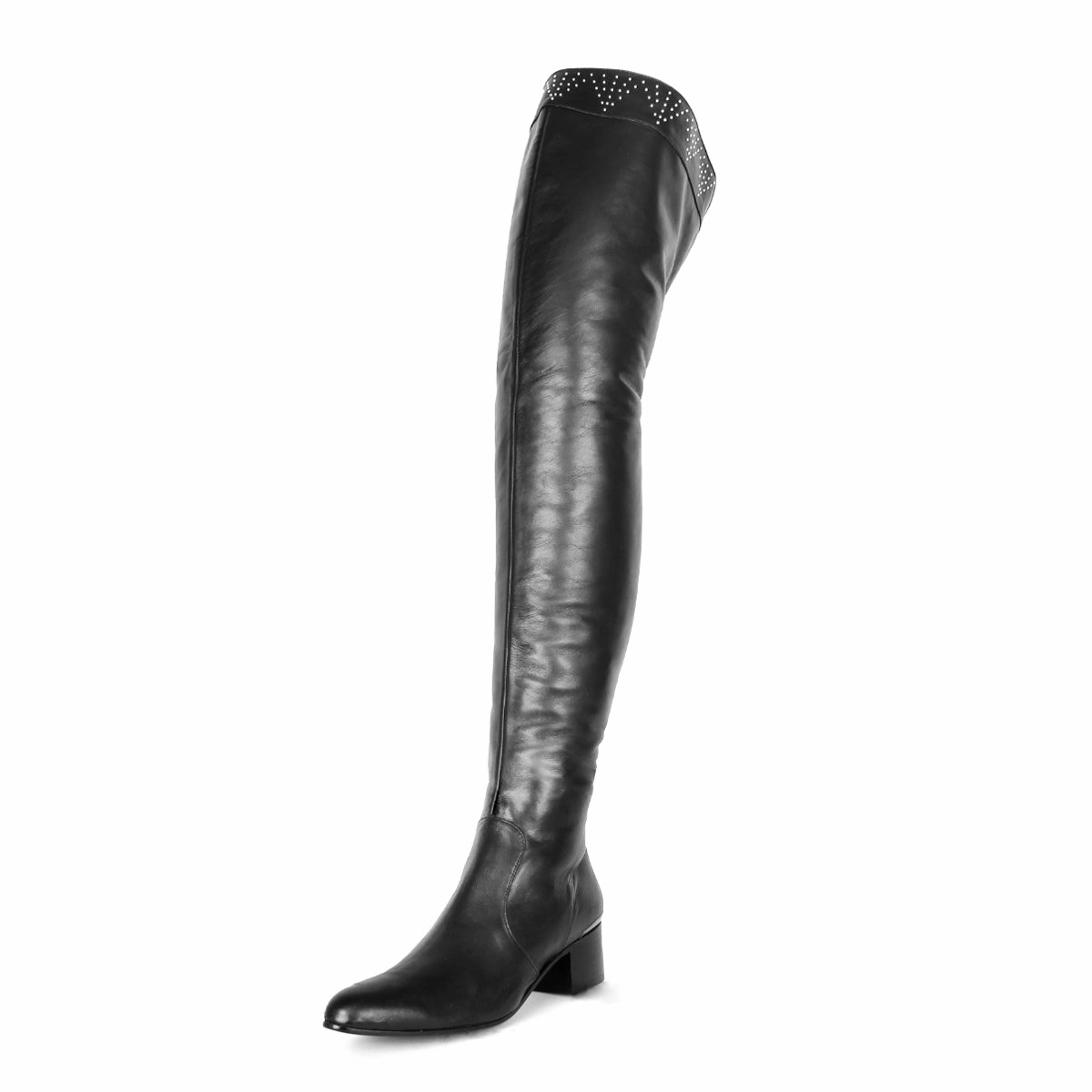 Quadratische Stiefel Overkneestiefel mit Blockabsatz (Modell 590) Leder schwarz