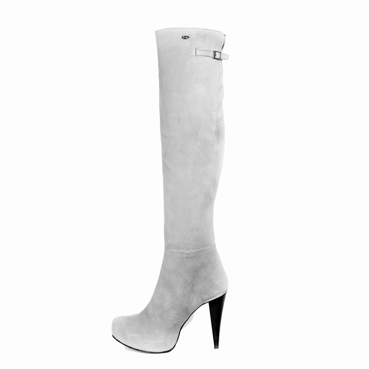 Overkneestiefel mit High Heel und Plateau (Modell 306) Veloursleder hellgrau Casual Nylon Winter Stiefel