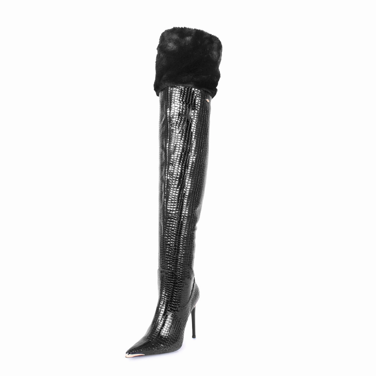 Aino Stiefel Overkneestiefel mit Metallspitze und Webpelzbesatz (Modell 960) Reptilprint schwarz