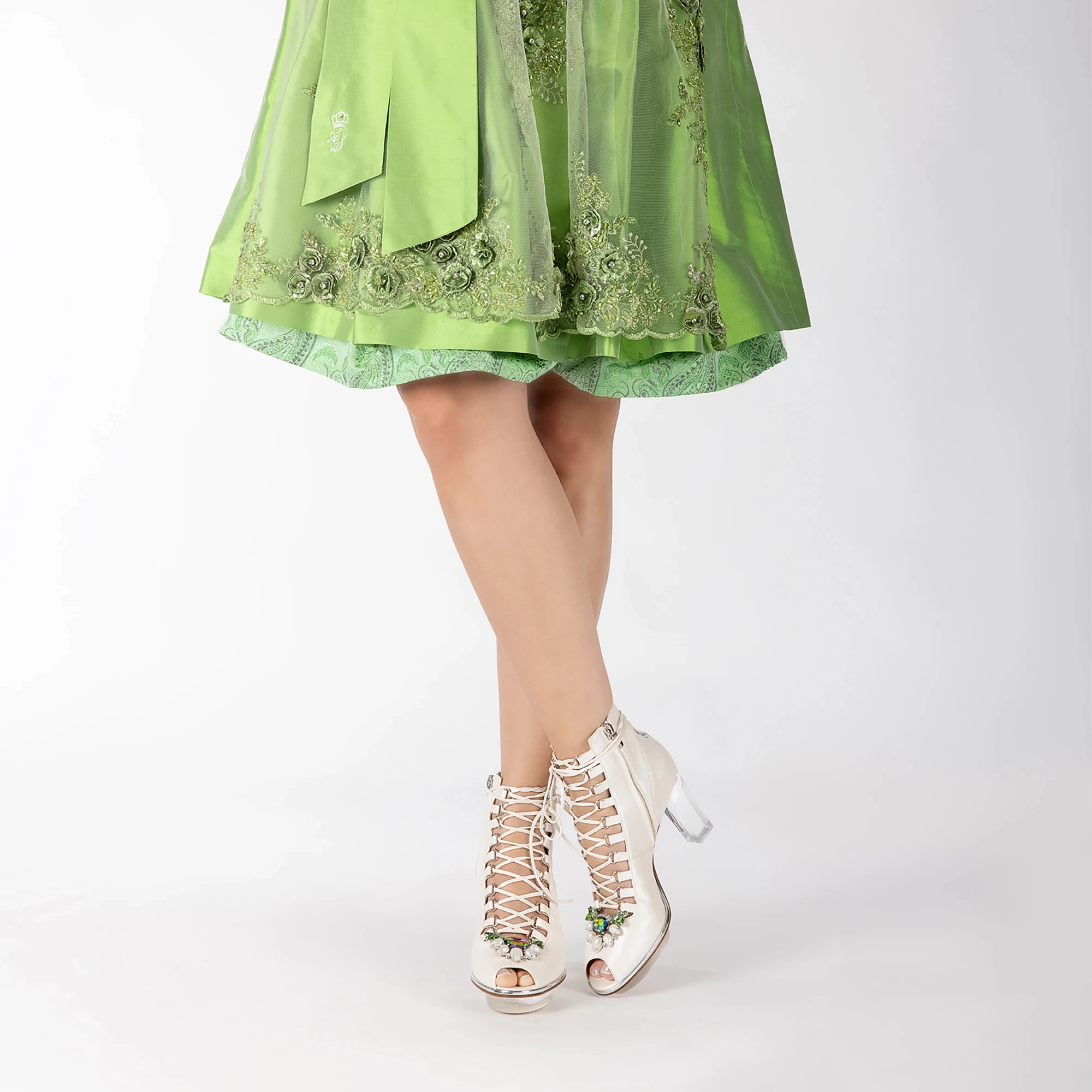 Punk Ankle Boots PEARLS Peeptoes Stiefeletten Dirndl-Brautschuhe ivory-silber