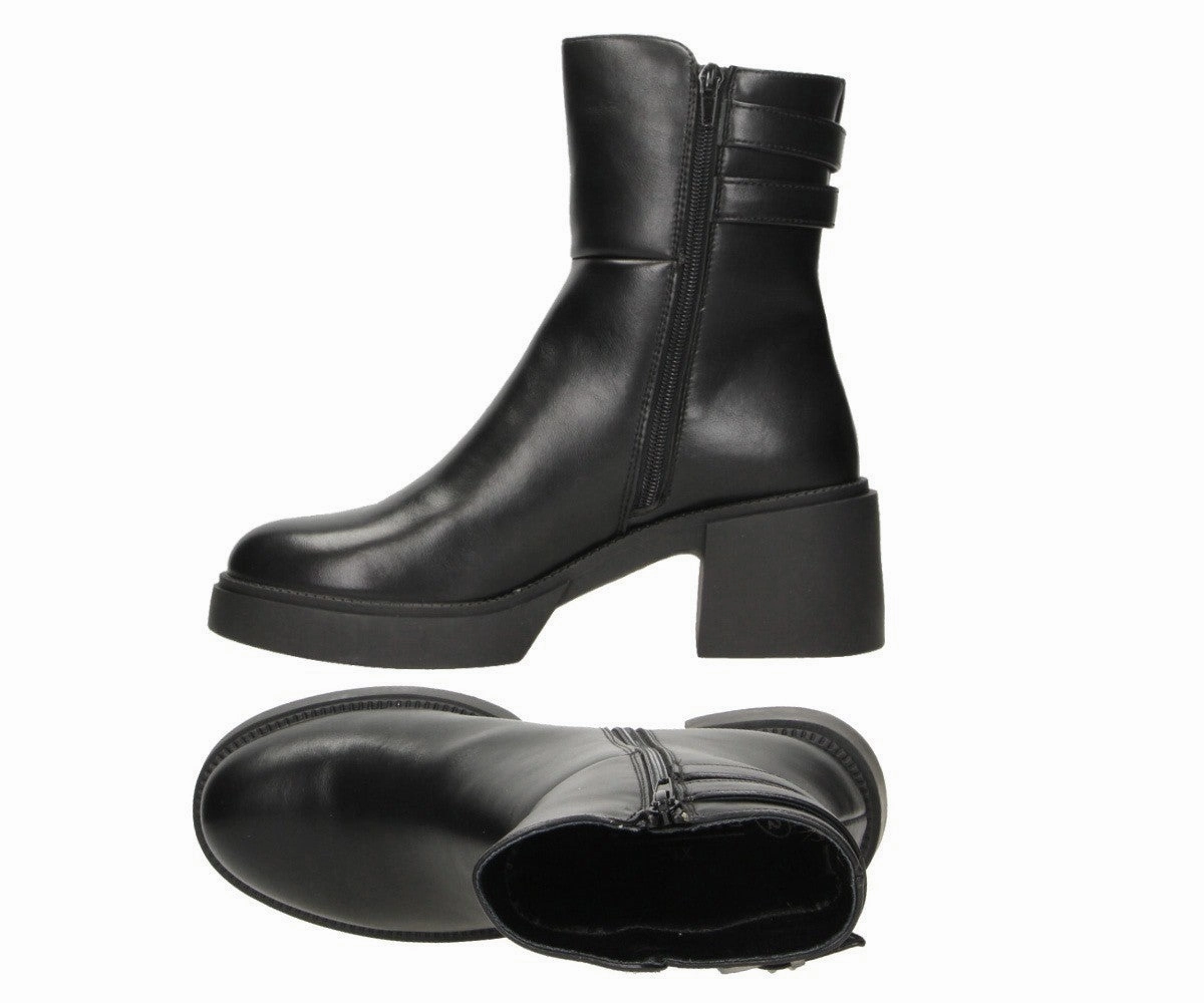 Berta in Black PU- Damen Stiefelette Stiefel Mit Krempelschaft