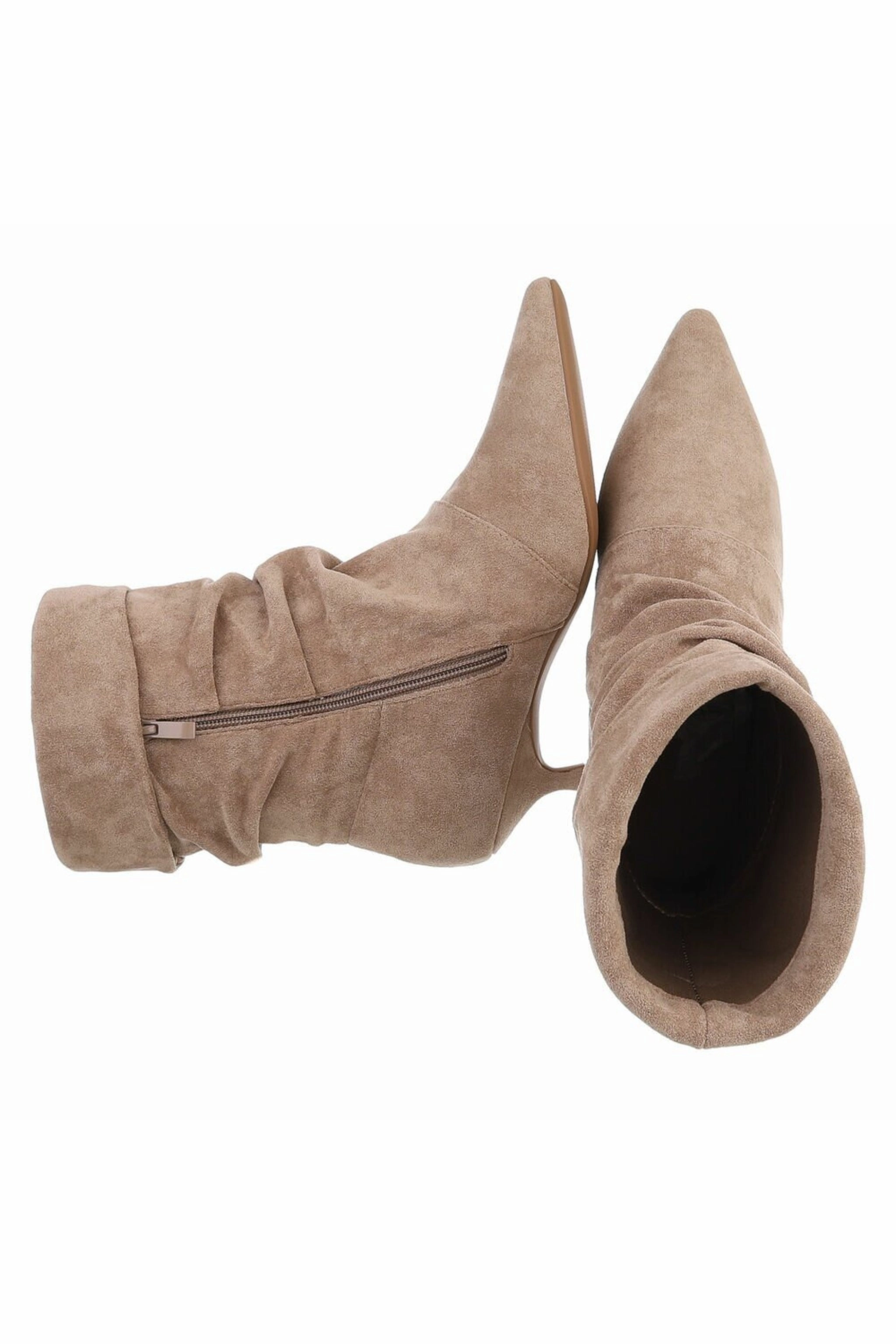 Spitze Stiefelette in Wildlederoptik, beige Stiefel Weitschaft Schwarz