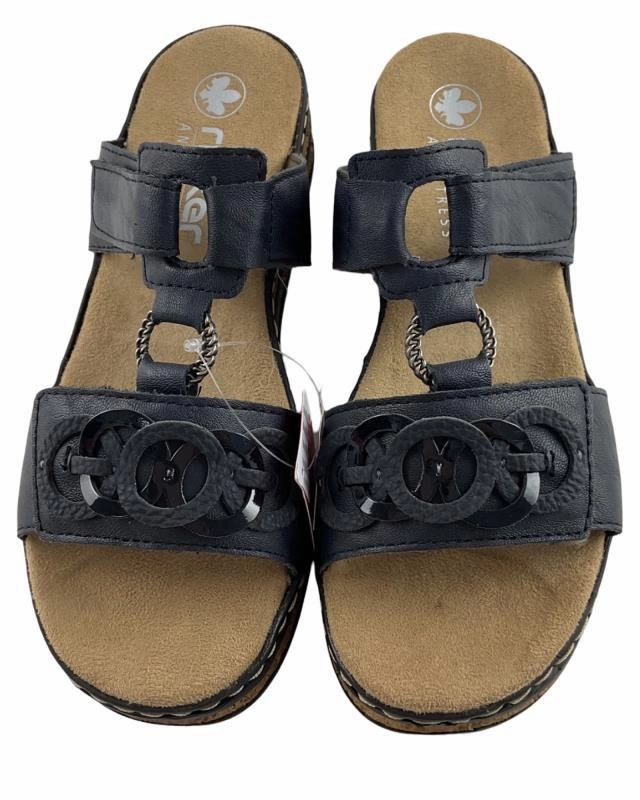 Rieker Damen  Pantoletten 62936-14 Klettverschlu Pazifikblau Sandalen Mit Gepolstertem Fußbett