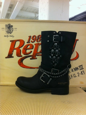 Replay Damenschuhe Schuhe Stiefel Boots Schwarz Nieten Stiefel Chaps