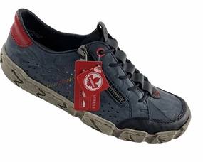 Rieker Damen Schnrschuhe  L0357-12  Blau Kunstleder Reiverschluss  Gummizug Goldfarbene Sneaker