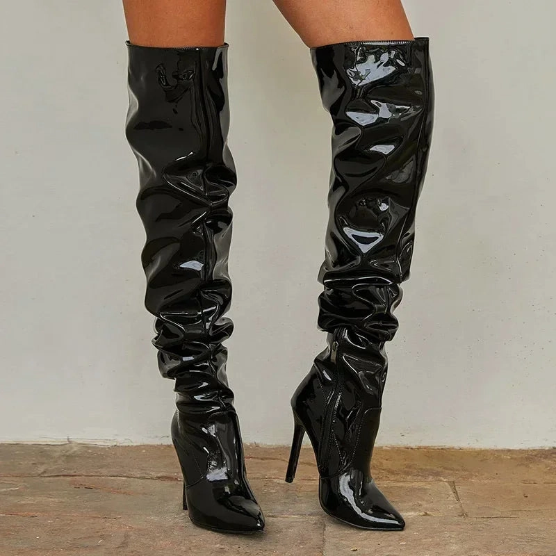 Sabrina | Elegante Overknee Stiefel aus Leder Stiefel Weitschaft