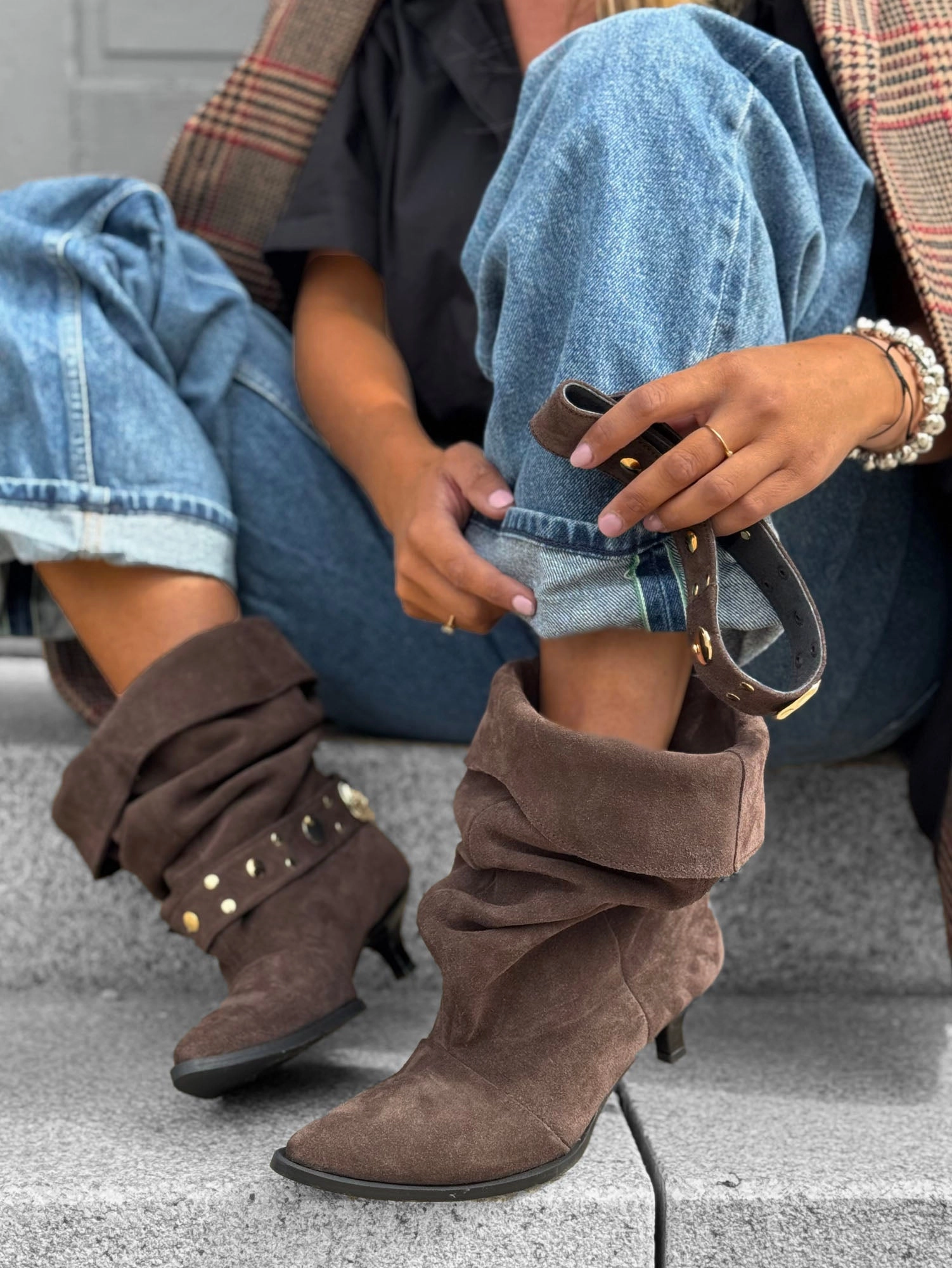 Modne damskie botki na obcasie z ozdobnymi nitami  slouch boots Nowles Ankle Boots Sale