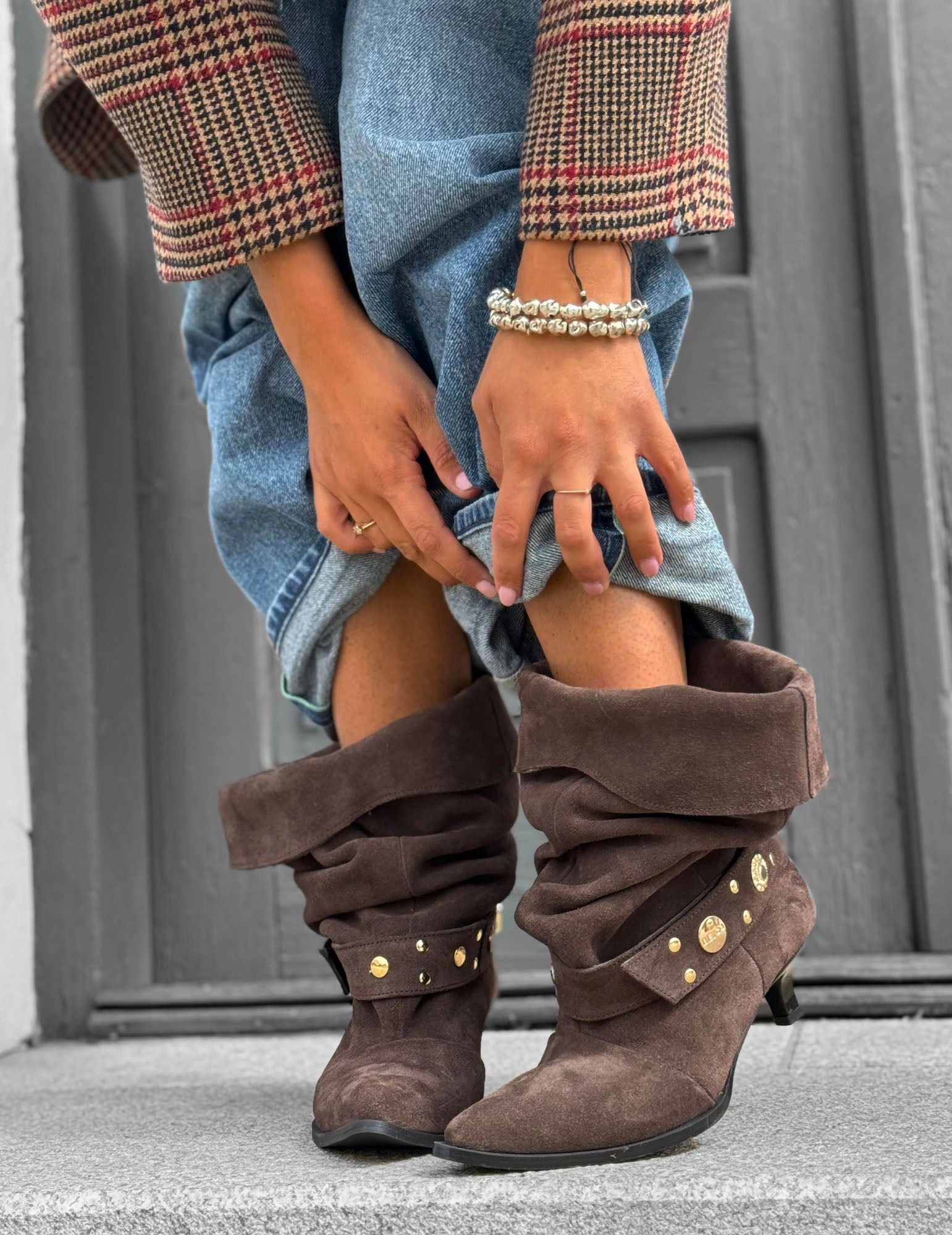 Modne damskie botki na obcasie z ozdobnymi nitami  slouch boots Good Quality Ankle Boots